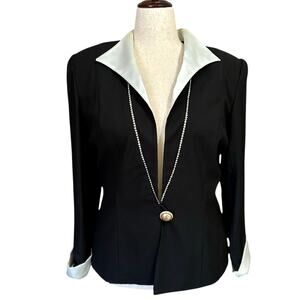 Vintage Women's Black Evening Jacket Rhinestones White Satin Lapel Size 16 Event